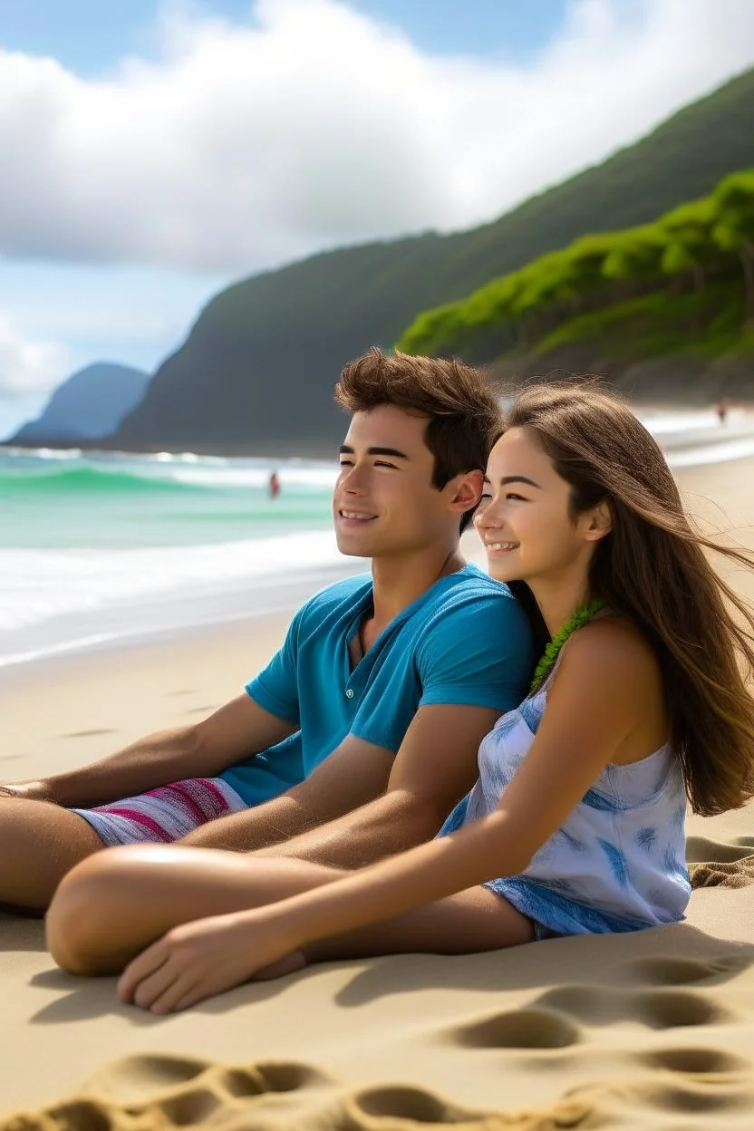 seorang pasangan remaja sedang bersama menikmati pantai di hawai