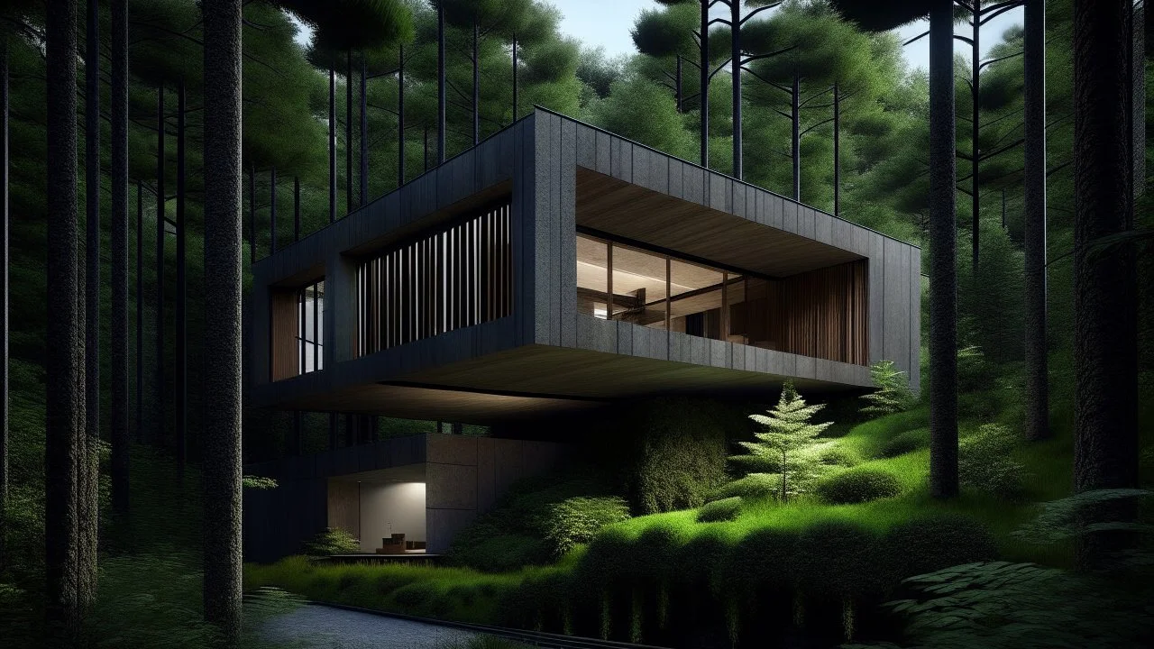 The image captures a modern house nestled in a dense forest, showcasing architectural exterior brutalism with its stark geometric shapes and concrete facade. The photo emphasizes the contrast between the man-made structure and the natural surroundings, creating a striking visual impact. The composition is balanced, with the house positioned off-center to highlight the lush greenery of the forest. The lighting is soft and diffused, casting gentle shadows on the building and enhancing the overall