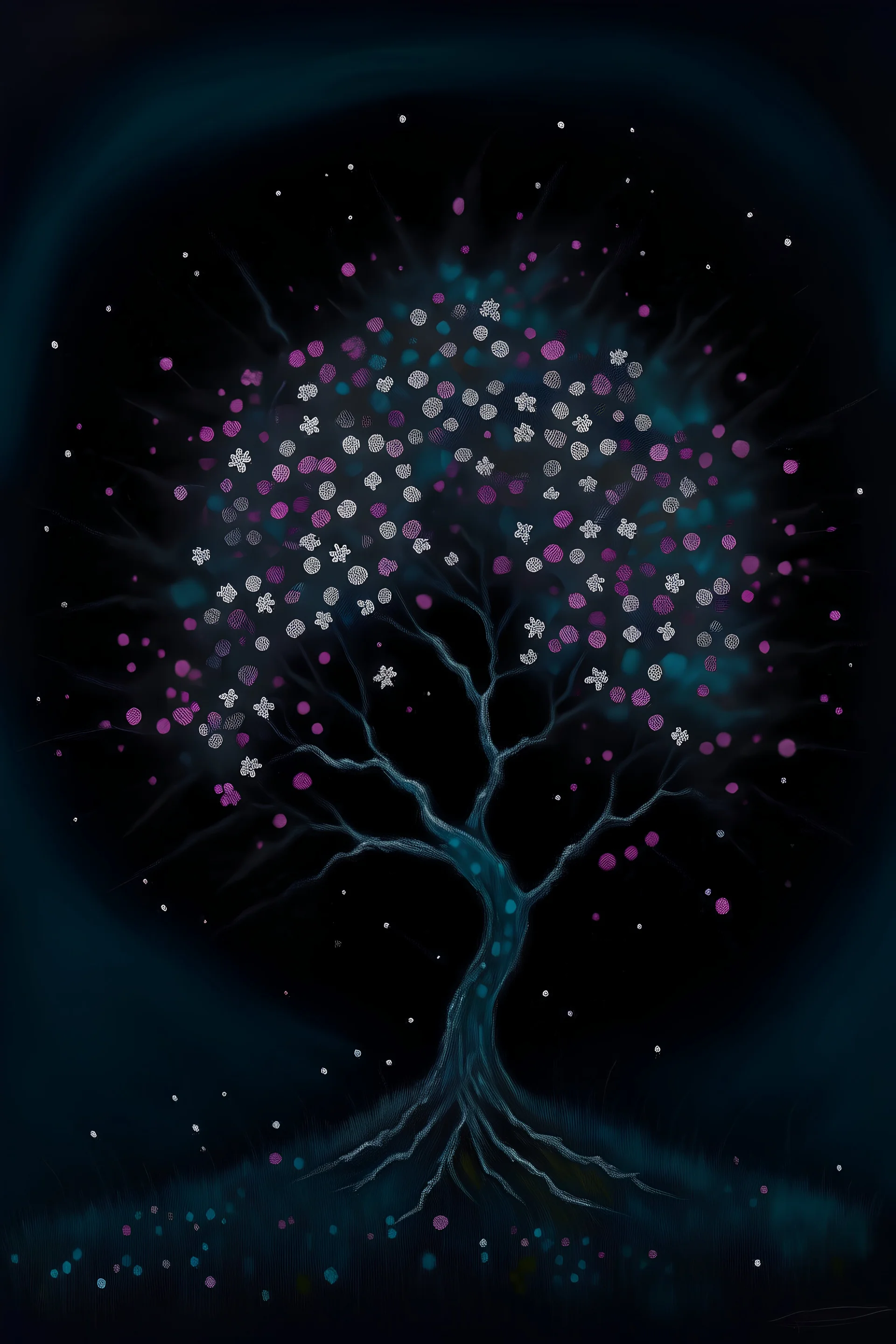 Acrylic painting of a slender cherry tree in bloom painted in isolation, with a lush crown of flowers, flower petals blowing in the wind, moon light shining above it, dark night background, muted colours, fine details, dream like, atmospheric, highly detailed tree