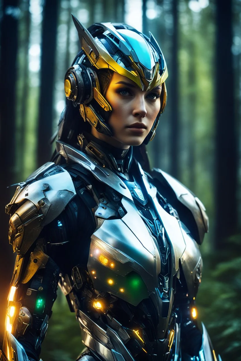 Facing Front view night Photography Ultra Realistic High Details,Natural Beauty,Beautiful Angel Pretty woman cyborg mecha cybernetic futuristic warframe armor metallic chrome,Helmet futuristic,in Magical Forest,full of lights colors,glowing in the dark, Photography Art Photoshoot Art Cinematic,Soft Blur Colors, sci-fi concept art