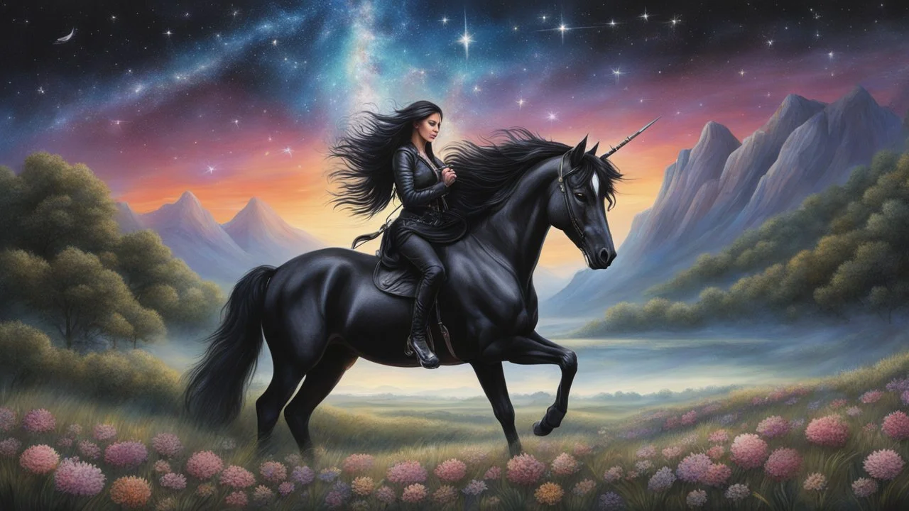 A night sky seen from the bottom of a deep valley. an exploding star filling the sky. a black unicorn. Painted by Anne Stokes.