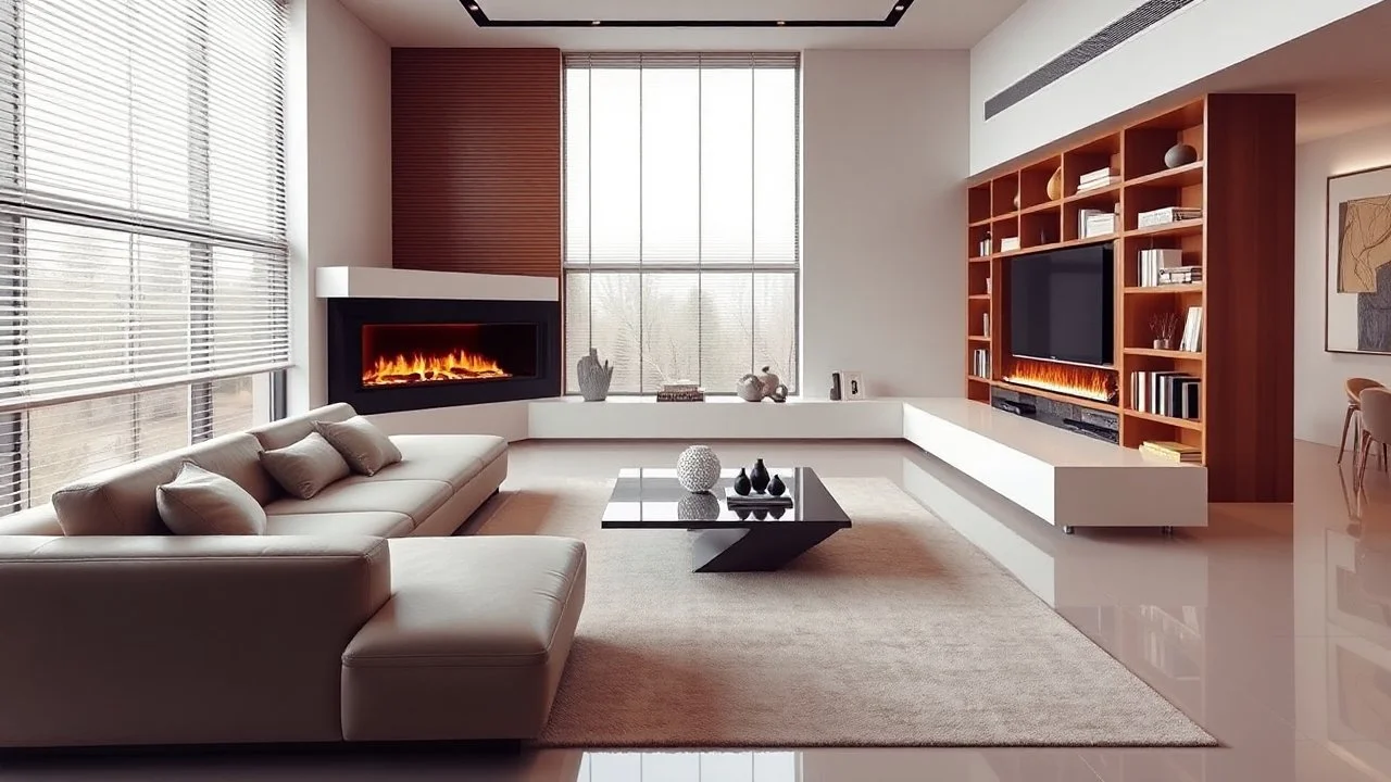 A futuristic living room with a sleek, sectional sofa and a modern coffee table. The room has a single fireplace integrated into a media wall, a neutral-colored area rug, and minimalist bookshelves with carefully arranged books and décor. Large windows with blinds let in natural light, and there are a few abstract art pieces on the walls. Technology integrates seamlessly. Award-winning photograph, beautiful composition, exquisite detail and illumination