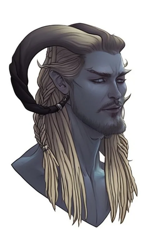 A tieffelin with blue skin and white Dreadlock hair. His pupil-less eyes are green. He wears a small beard.