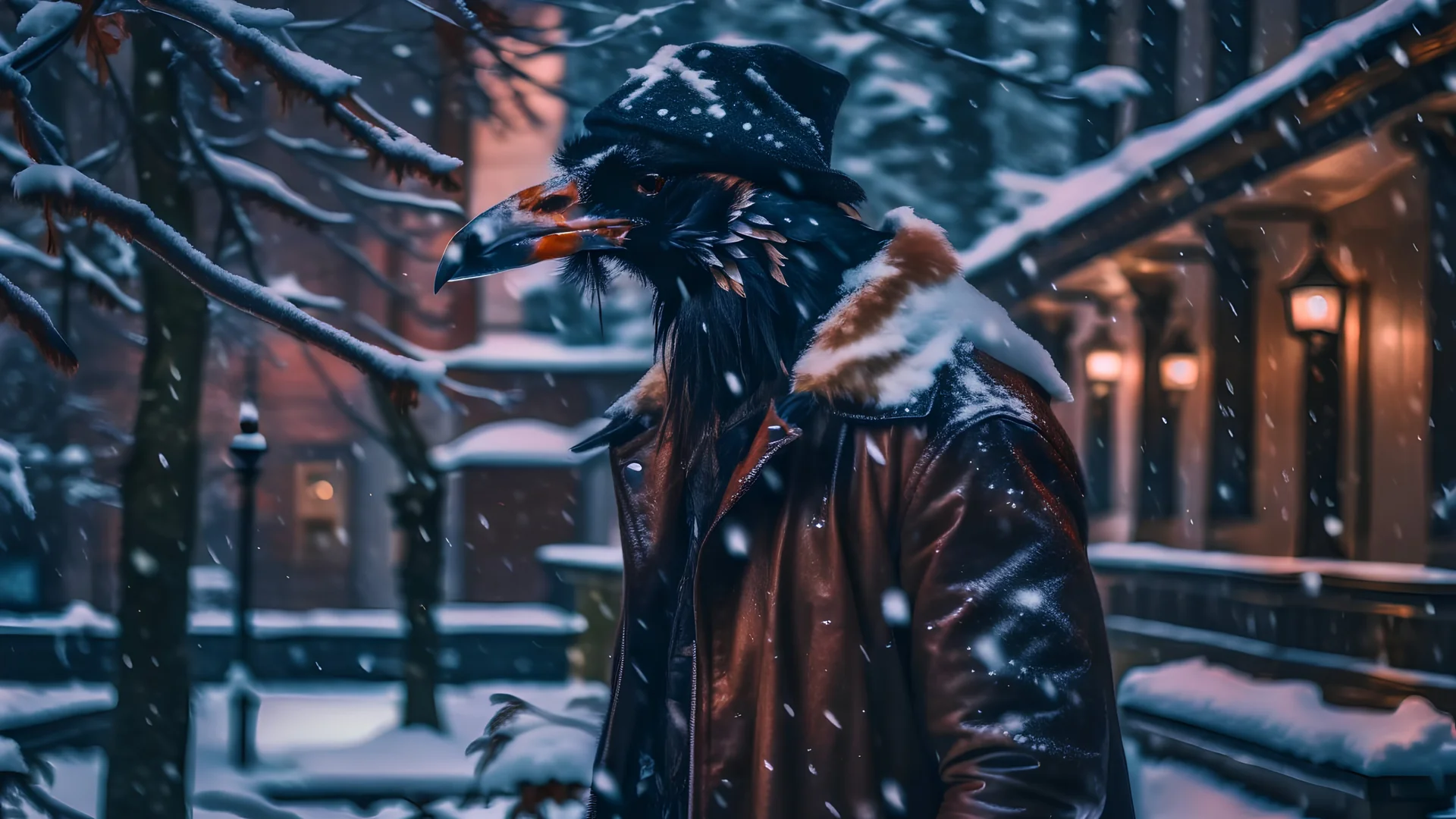 Capture a compelling image of a crow adorned in a punk leather jacket within a snowy Christmas atmosphere in the nostalgic style of Andrei Tarkovsky. Embrace a photography style that accentuates the unique fusion of the edgy leather jacket and the holiday charm. Ensure the composition highlights the crow's distinct presence against the backdrop of a winter Christmas ambiance, creating a visually captivating scene.