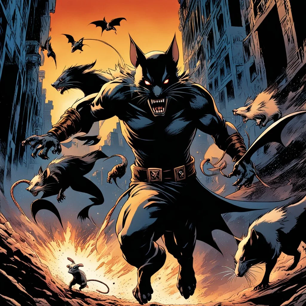 Cómic ot (Catman: 1.5) chases three humanoid rats that are running around in terror