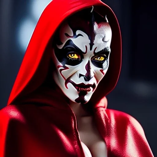 Ultra detailed fullbody Portrait in oil on canvas of beautiful busty female darth Maul with red cape with hoodie,extremely detailed digital painting,ultrarealistic skin,intense stare, extremely detailed face, crystal clear eyes, mystical colors ,perfectly centered image, perfect composition, rim light, beautiful lighting,masterpiece ,8k, stunning scene, raytracing, anatomically correct, in the style of Simon Bisley and uncannyknack and Ohrai Noriyoshi and robert e howard and Steve Jung.