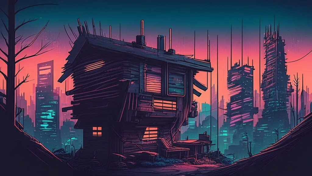 small Wooden Cabin, In cyberpunk city-skyline, comic style