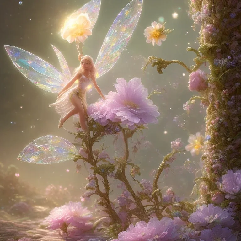 one big crystal subtle flower in a galactic ambiance with a very little beautiful fairy, transparent petals, delicate colors, in the foreground, full of details, smooth, bright sunshine，soft light atmosphere, light effect，vaporwave colorful, concept art, smooth, extremely sharp detail, finely tuned detail, ultra high definition, 8 k, unreal engine 5, ultra sharp focus