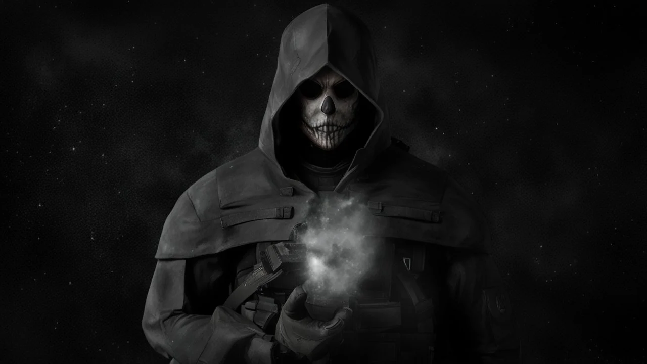 ghost from call of duty, unmasked mask, in black background, with stars