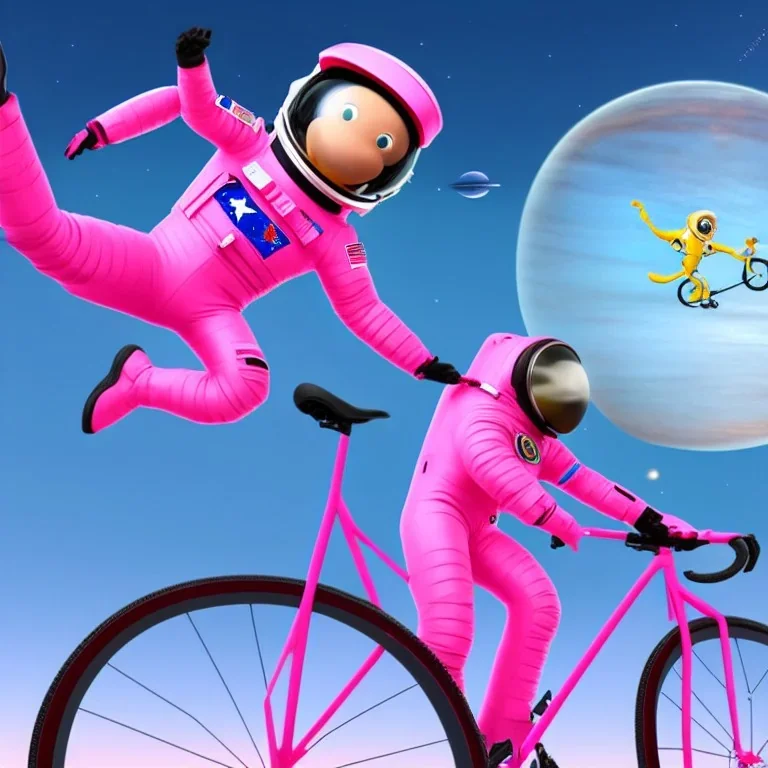 astronaut in pink suit flying through space on a bicycle in the style of Disney Pixar