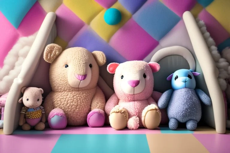 In a cozy child's room, nestled between colorful walls and fluffy pillows, lived a group of enchanting toys who magically came to life each night. Plushie the Sheep, Stardust the Star, Bubbles the Bunny, and Snuggles the Teddy Bear were the best of friends.