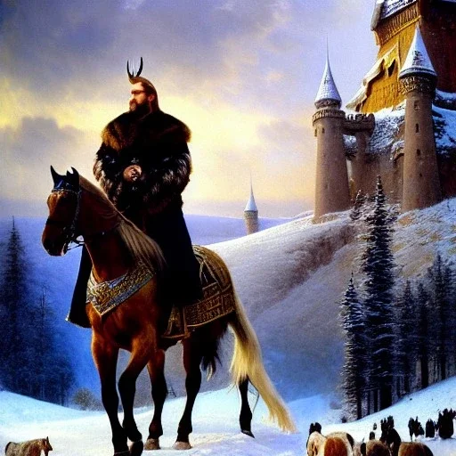 portrait of 'The Northman-Viking King on horse',ancient metal armor,castle,army, snow, cold, painting by gaston bussiere, greg rutkowski, yoji shinkawa, yoshitaka amano, tsutomu nihei, donato giancola, tim hildebrandt, evan lee,oil on canvas, cinematic composition, extreme detail,fit full head inside picture,16k