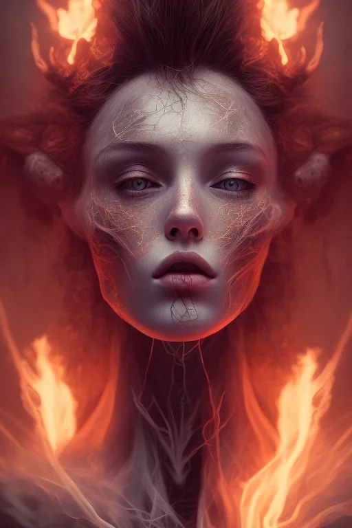 portrait photography of an ethereal beautiful animal goddess, Fire theme art, Dark moody night atmosphere, Portrait of a woman by Michelangelo, 8K, close-up face, anatomically perfect face, oak tree roots, ignore NSFW