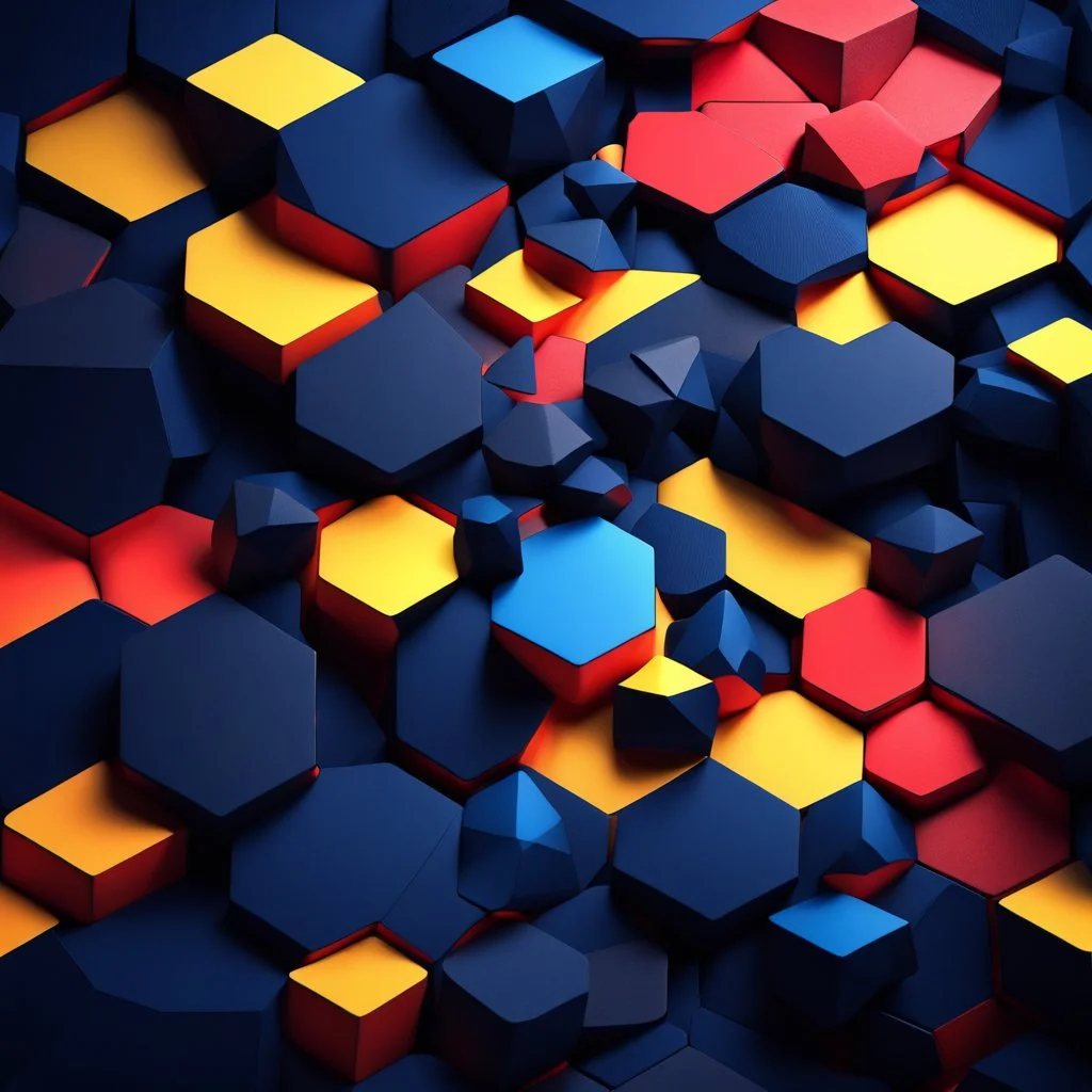 Hyper Realistic Low-Poly Big Hexagonal Patterns with Neon Glow [Navy-Blue Red & Yellow & Rustic Black Background].