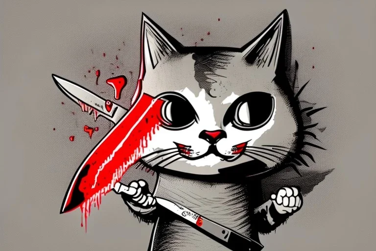 Cat diabolical smiling with a bloody knife with blood. Illustration.