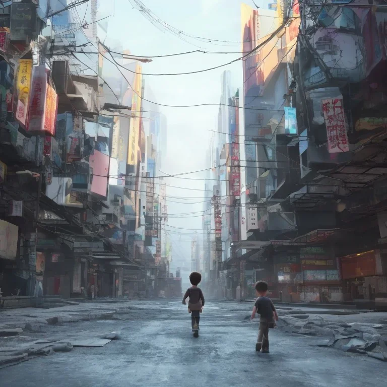 behind photo A young boy walking streets of megacities, tokyo post apocalyptic