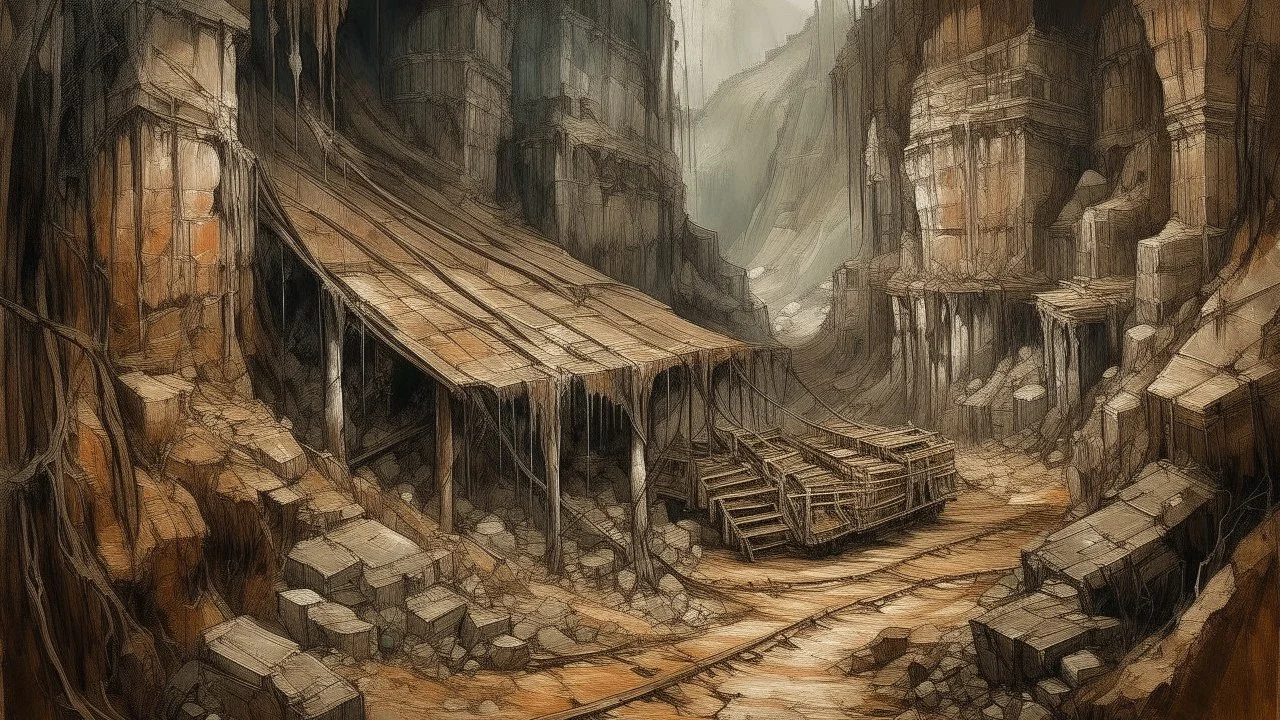 A brown underground mine in a mountain painted by Zhang Lu