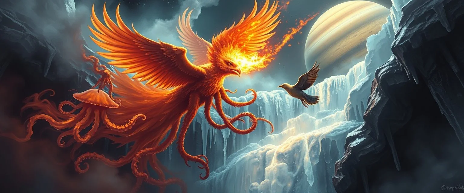 fire smoke and fog and light rays, phoenix jellyfish octopus bird witch in chrome reflective icy waterfall looks beyond really powerful slapping a bird in the face with fire, fantasy illustration, in the style of Rembrandt, planetary saturn background