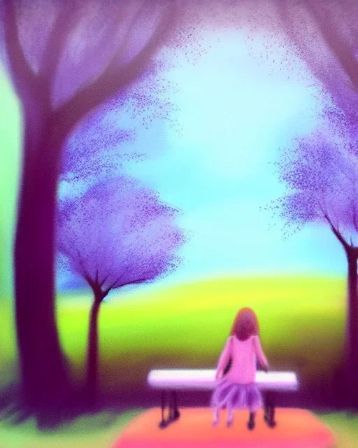 park mystical dream, park bench, man, woman, child, dog, trees, path, bird, sunshine, mystical, fantasy, romanticism, pastel colors, daylight, daytime, acrylic painting, detailed, soft focus,