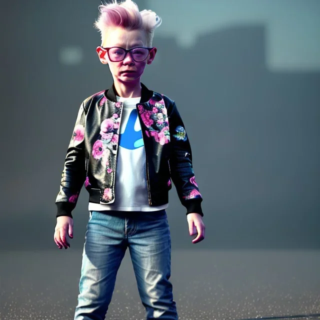 Tilda swinton toddler, full body, leather jacket, floral shirt, floral skirt, Nike sneaker, soft skin, city background, dramatic lighting, hyper realistic