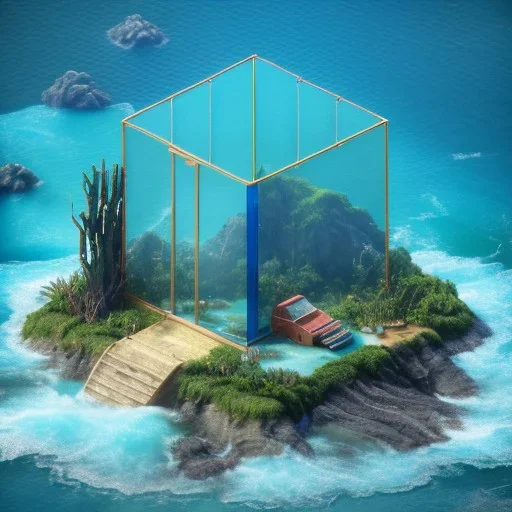 The Isometric Glass Tall Box Mini Model Little Real Island shape smooth Mixed Water Fall Under Ocean Sunshine Summer Background Blue Sea, The Last Of Us / Avatar, Octane Render / ZBrush, Cinematic, IMAX Film, Nikon D750, 16K, Autostereoscopy, Anthropomorphic, Golden Ratio, Geometry, Symmetric, A beautiful one nude body of a make up smiling woman blond long hair, alone, high key lighting, volumetric light high details with white stripes and blue eye, smiling with plump pink lips, flowers around,