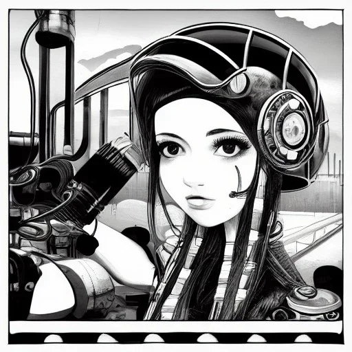 great illustrator, spanish, pencil sketch of a cute girl, beautiful, steampunk syle, black and white. Helmet with tubes. Machinery in the background. High details.