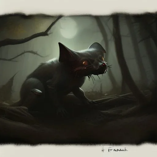 franz frazetta style, vampire bat lurking in the forest clearing, night