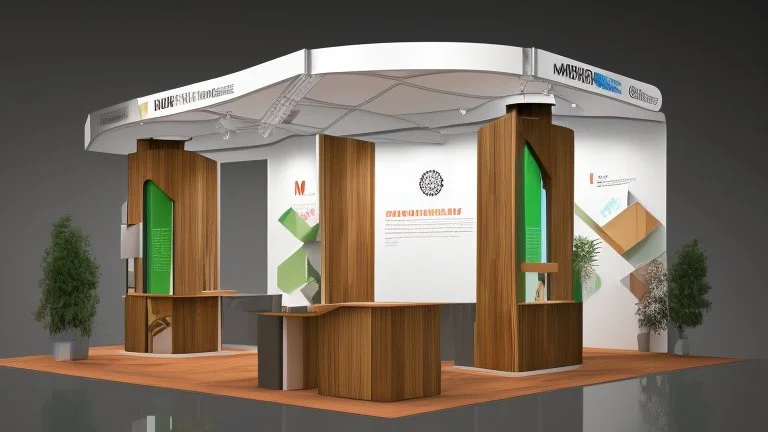 Corner exhibition stand in light colors with wood elements and greenery with two meeting areas