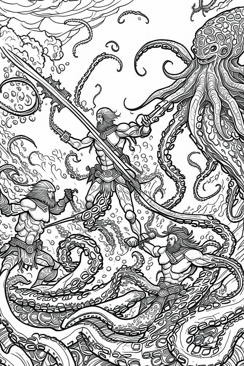 coloring pages for kids, 3 beatifull merman warriors fighting against a big octopus underwater, 8k, hyperdetailed, cinematic, 3d render, photo. cartoon style, thick lines, low detail, black and white, no shading, --ar 85:110
