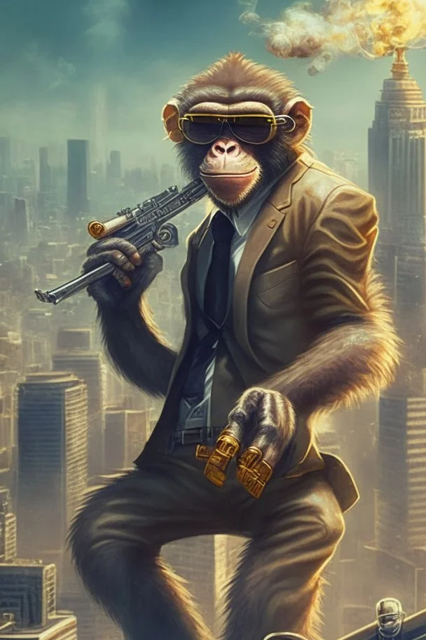 criminal monkey with a machinegun and sunglasses. Realistic image, City Background, monkey wearing a suit, smoking a cigar. Monkey is very trained