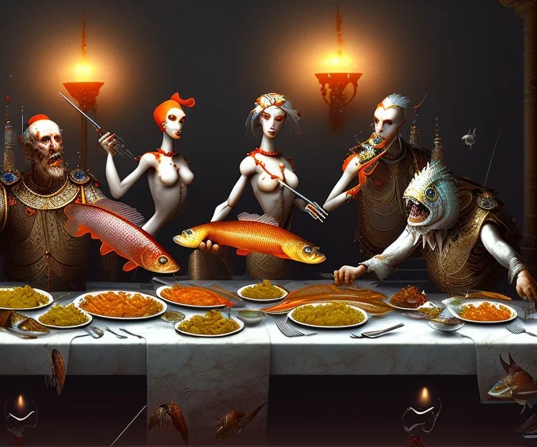 supper, fish sit at the table and eat pieces of people.