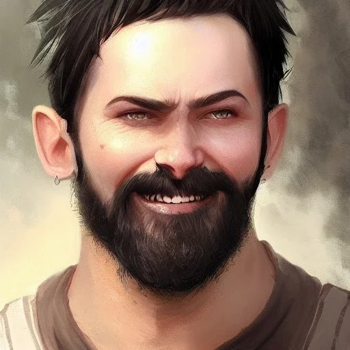 a _ fantasy _ style _ portrait _ painting _ of white male short fringe black hair short head smiling beard round face rpg dnd oil _ painting _ unreal _ 5 _ daz. _ rpg _ portrait _ extremely _ detailed _ artgerm _ greg _ rutkowski _ greg