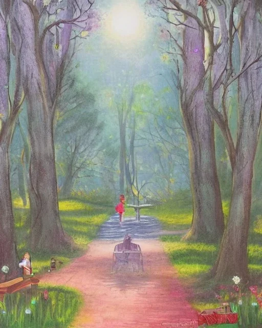 park mystical dream, park bench, man, woman, child, dog, trees, path, bird, sunshine, mystical, fantasy, romanticism, pastel colors, daylight, daytime, acrylic painting, detailed,