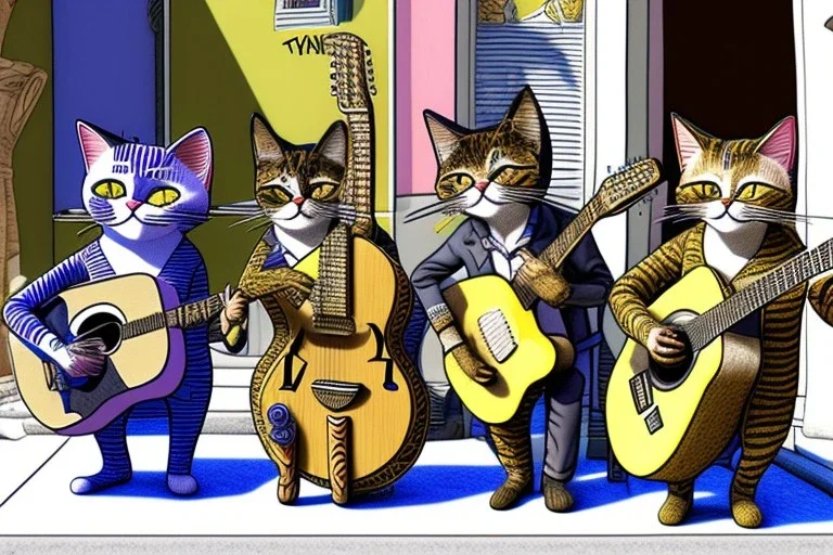 Group of three mature cats musicians, one cat playing guitar, one cat playing drums, one cat holding microphone and singing, street, Vienna, smiling, sunny day, model style, hyper realistic, extremely accurate, delicate, extremely detailed, Graphic novel style, wide-angle, open aperture, superfine pencil