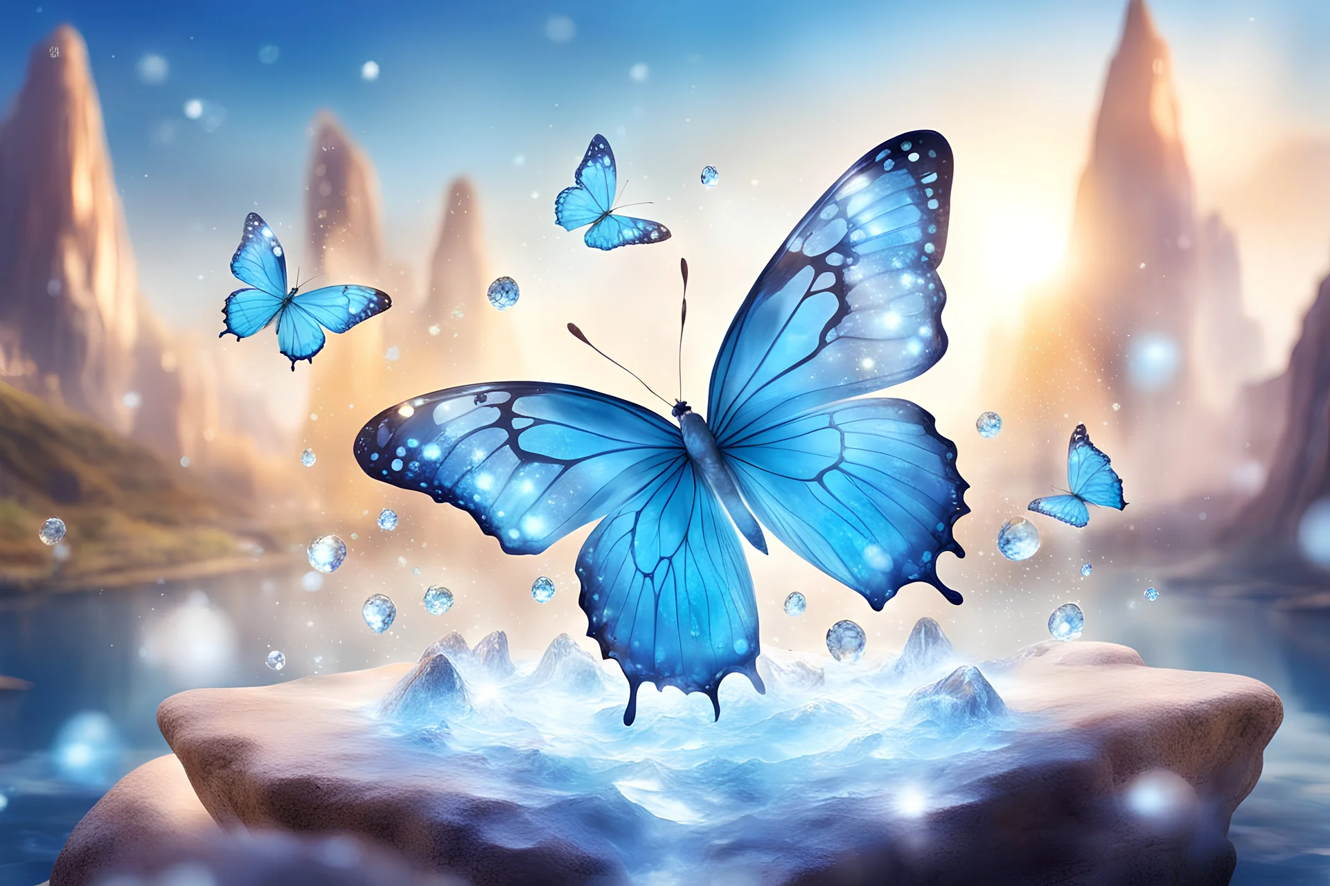 crystal shining light blu with butterfly, magical landscape with light shining drops