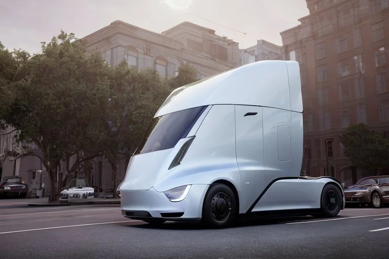 A Tesla 'Semi' (semi truck) is parked, on the streets of San Francisco. (CINEMATIC, WIDE ANGLE LENS, PHOTO REAL)