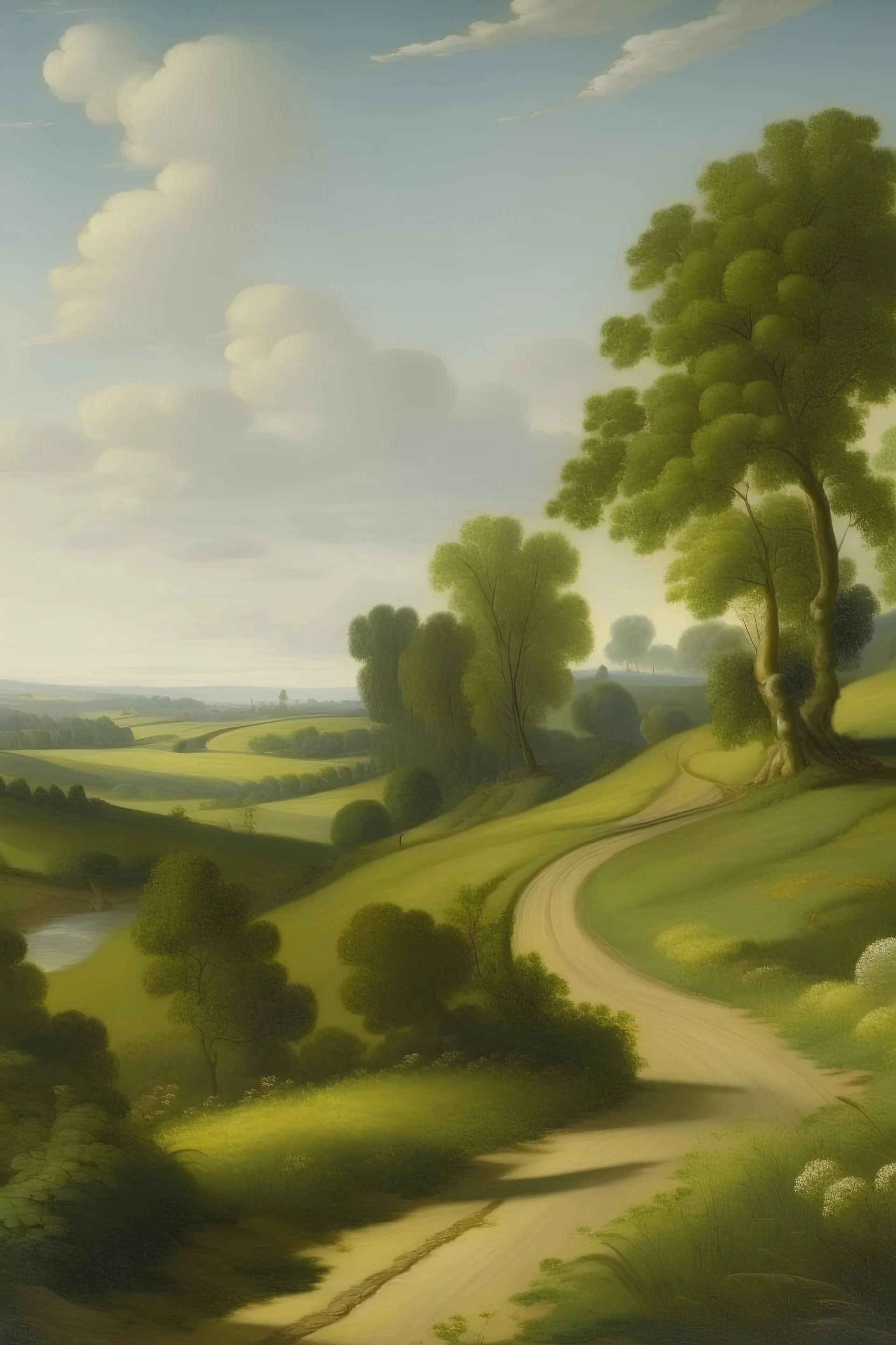 A landscape with a winding road,