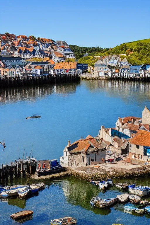 medieval fishing town, rocks, long piers, fishing boats, shops, blue sky