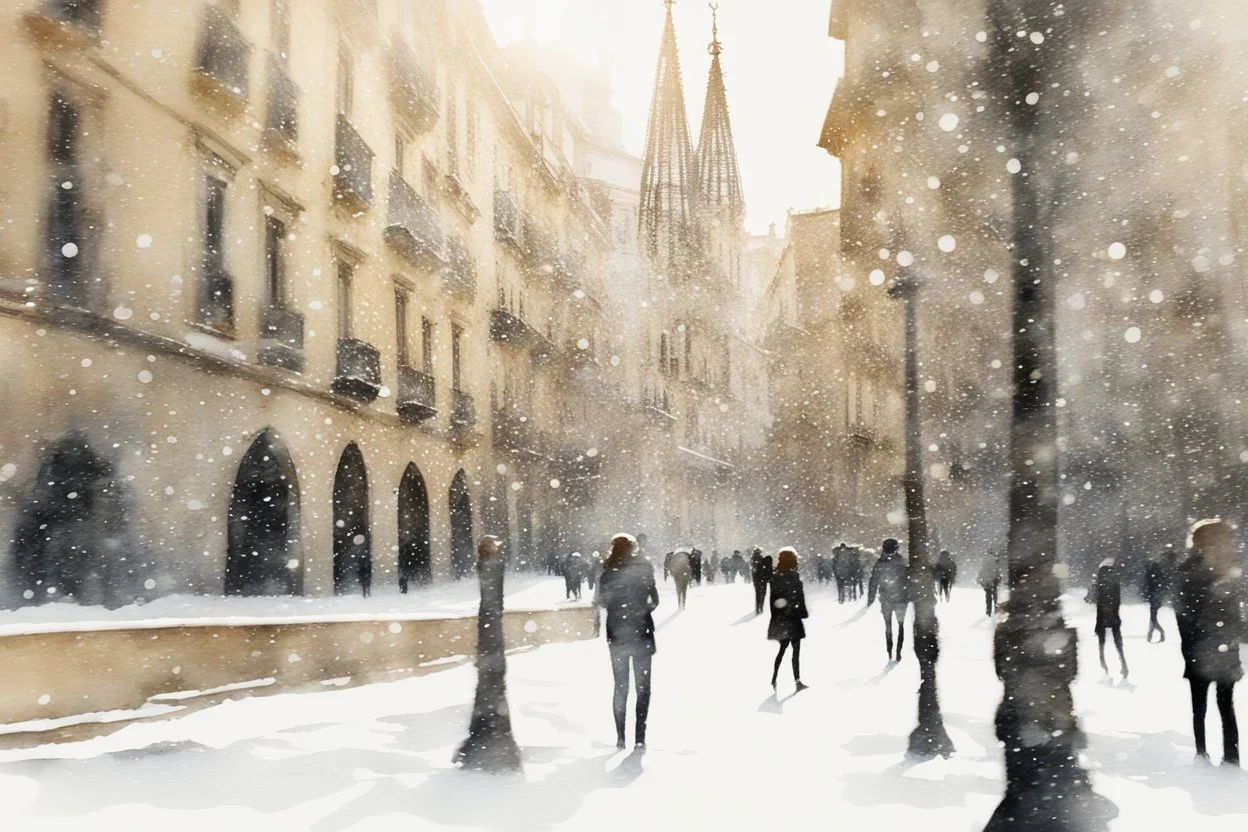 Barcelona in the snow in the sunshine, watercolor and black ink outlines, sparkling golden glitter, ethereal, cinematic postprocessing, bokeh, dof