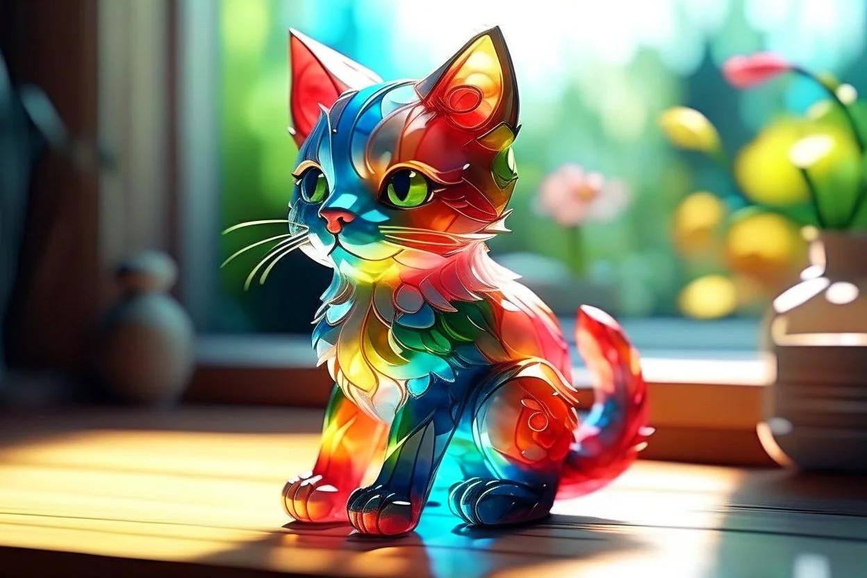 Cute chibi colourful Glass cat in style of Mariya Markina, digital painting; fantasy; very attractive; beautiful; high detail; cinematic postprocessing; acrylic art in sunshine