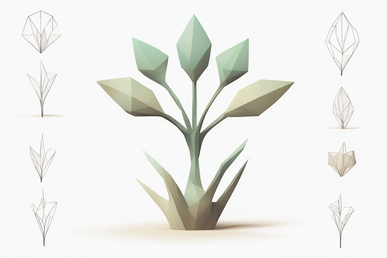 concept art of six low poly stylized alien dry single leaf plant on a neutral background. Strange fictional extraterrestrial flora with unusual shapes
