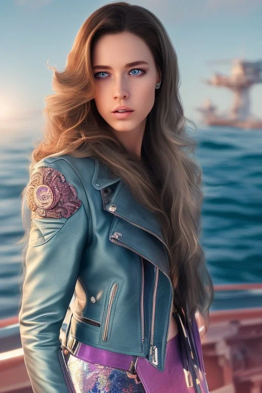 half body shot,realistic portrait of a 20-25 old caucasian model, long blue pink flowing hair, great grey eyes, blue leather jacket,full body, short white skirt,long legs,standing on deck of very big ship, beach of very nice lake with sunset ,clouds,godrayes