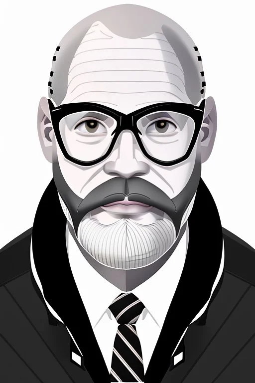 black and white,real estate agent,bald male with grey beard,55 years old,glasses,, necktie,portly,detailed drawing,white background