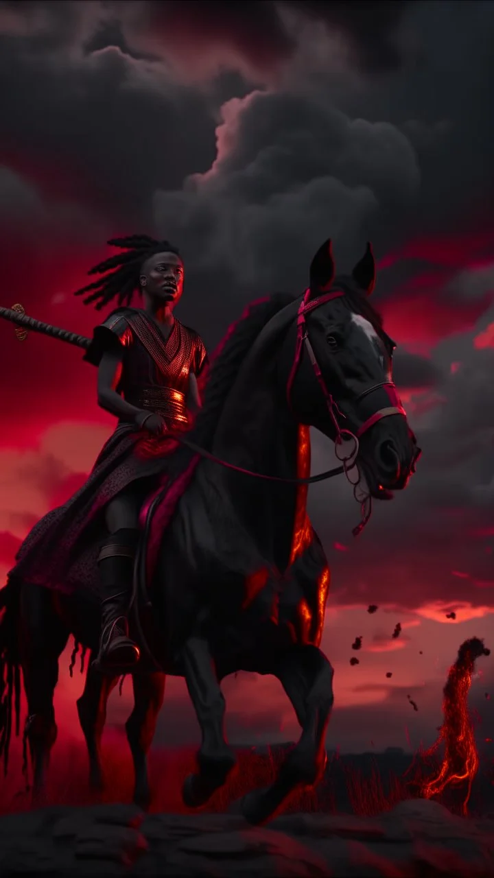 A black hoodedwoman with cane in the back holding , both on a black wild horse ,escaping and jumping on fire ,red clouds in the sky with storm and cinematic scene 4k