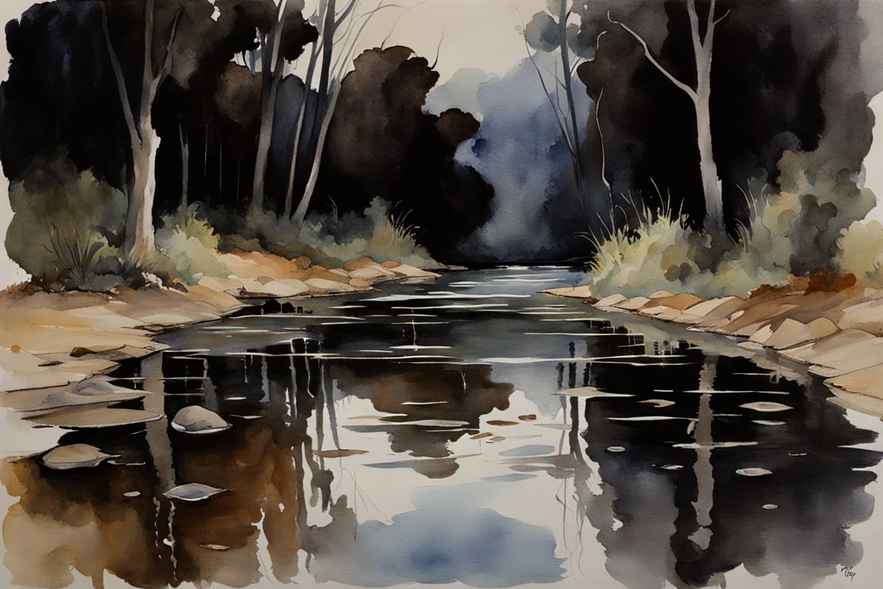 Night, rocks, puddle, gothic horror movies influence, puddle, epic, john singer sargent watercolor paintings