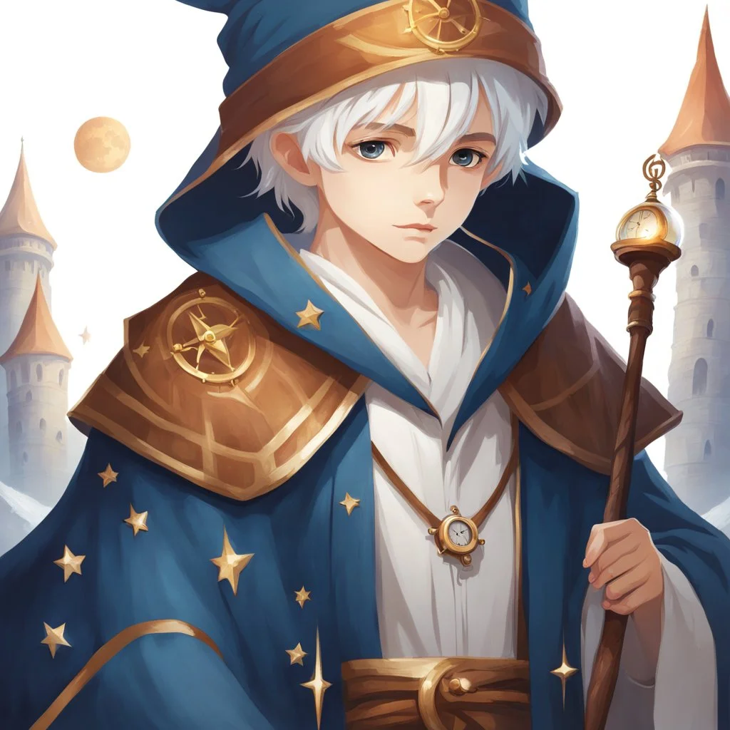 Fantasy World, A boy only wearing a closed wizards robe, and wearing a wizards hat. White Hair. Eyes That Looks Like a Clock.