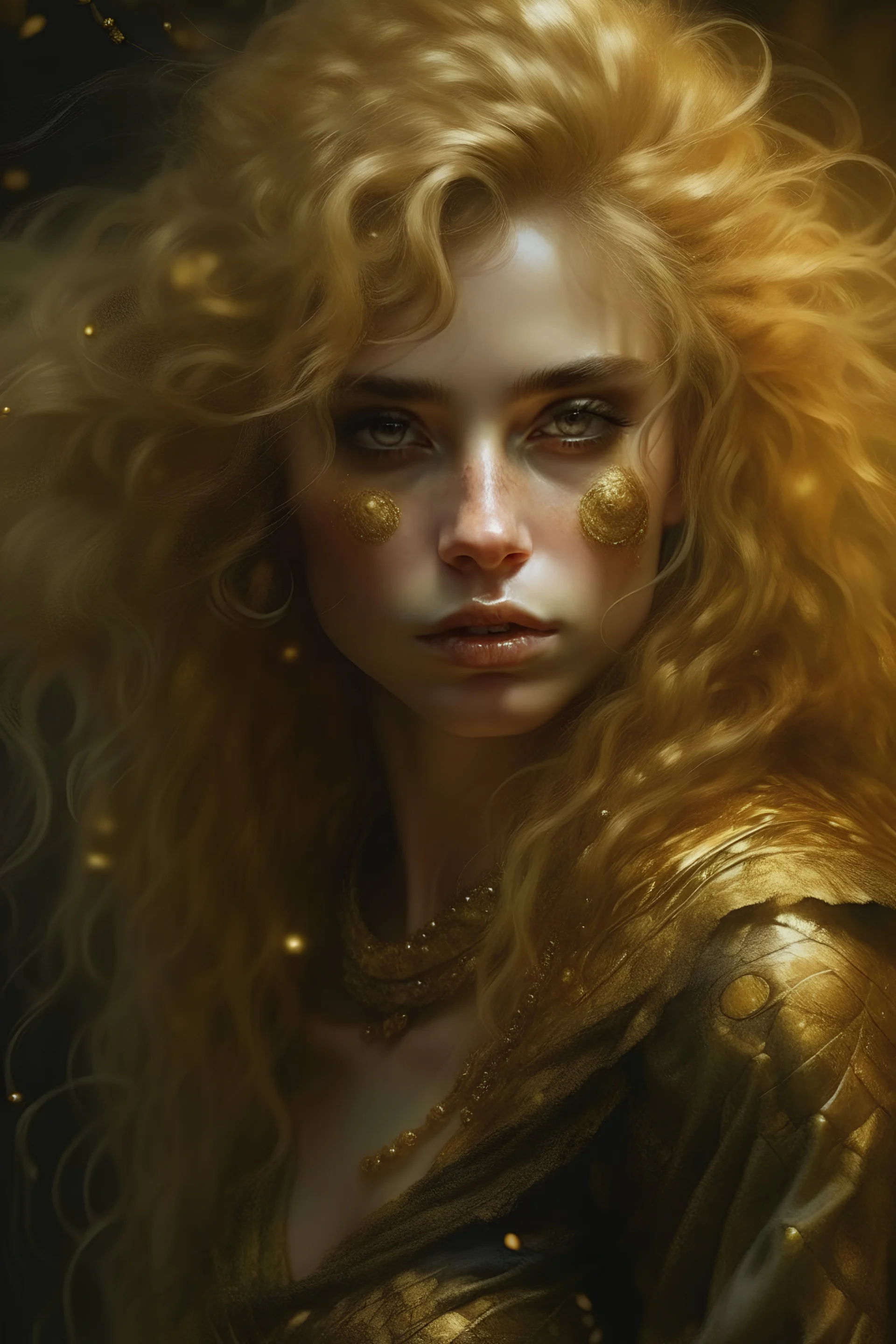 masterpiece, best quality, ultra-detailed, illustration, a disheveled-haired girl, Her golden pupils shimmer like precious gems, complementing the gold dust that cascades through the air. She possesses the characteristics of an orc. Her hair, just as unruly as her surroundings, falls in wild waves around her neck and shoulders. Clad in latex clothing, she exudes an air of elegance and dominance.