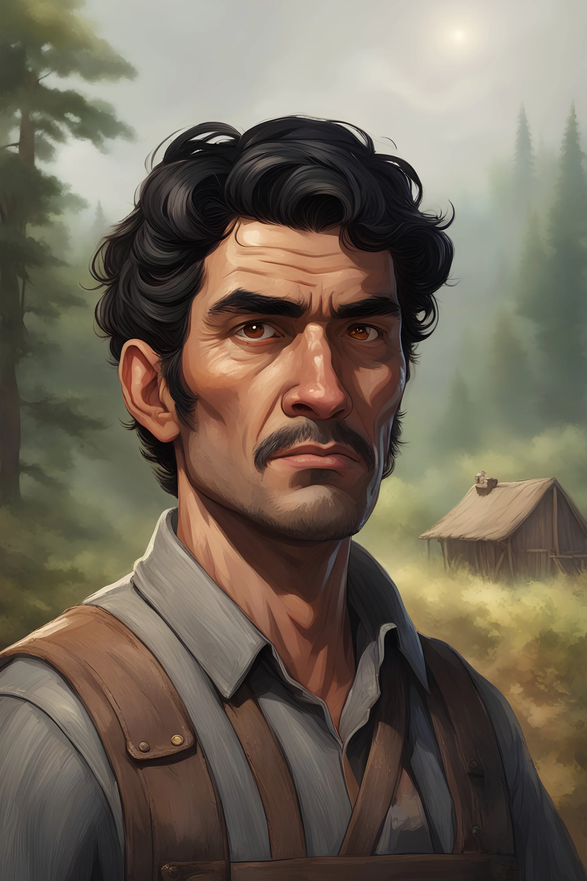 Enver, a stern, sturdy Farmer and Forester, black hair and brown eyes