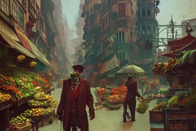 A greengrocer in colorful varanasi street+Gothic city+BioShock+Dishonored+Bloodborne +trieste+Edinburgh+Chicago+victorian London+decòpunk Skyscraper+ +steampunk+biopunk+alphonse mucha, greg rutkowski,matte painting, cryengine, hyper detailed, felix kelly, fantasy art, seb mckinnon