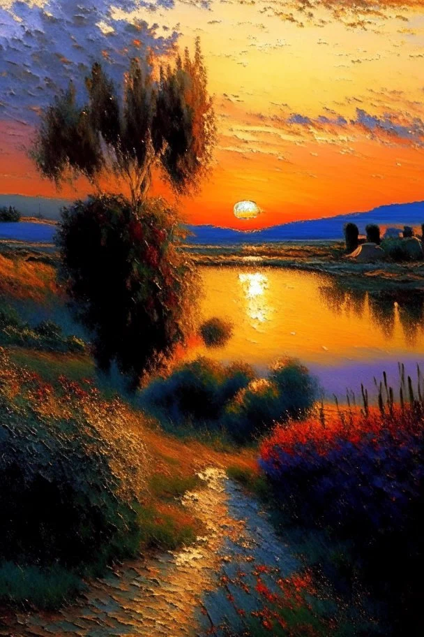 Spanish landscape oil painting, detailed Claude Monet, detailed, sunset